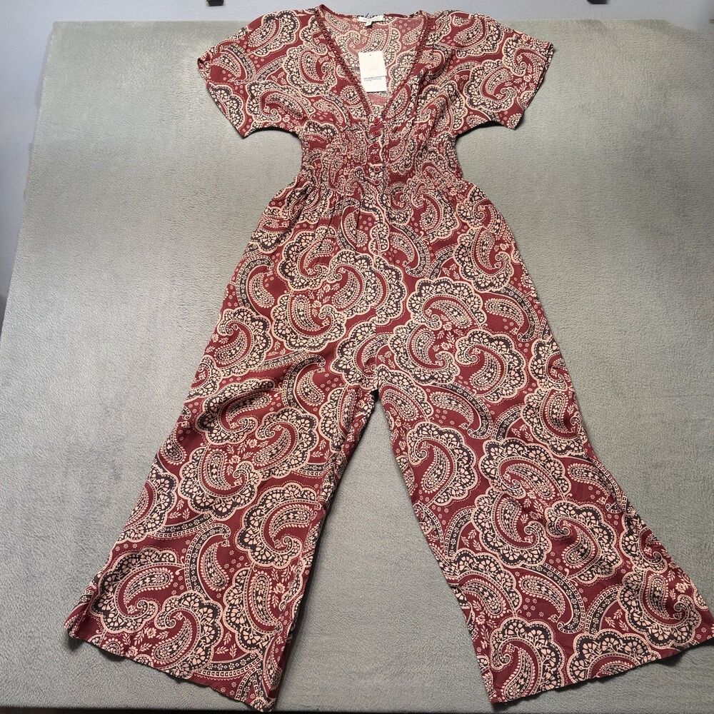 Patrons of Peace Womens XS Paisley Wide Leg Jumpsuit Red V Neck Boho NWT